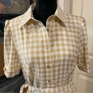 Preston & York Dress Seersucker Woman 6 Gingham Button Down Midi 3/4 sleeve NWT